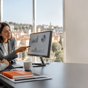 Due manager analizzano gli indici di redditività dell'azienda durante il corso Finance per Manager di AmniOs