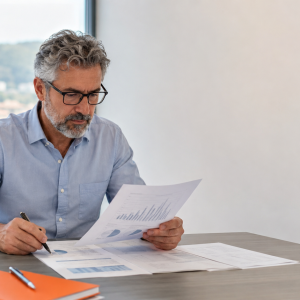 Un imprenditore analizza i prospetti economico-finanziari della sua azienda durante il corso Finance per Manager di AmniOs