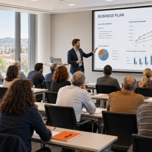 Due professionisti finance analizzano gli scenari di un business plan a schermo durante una Finestra di Finanza di AmniOs