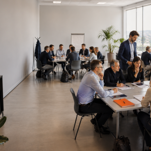 Un docente guida gruppi di lavoro sul data storytelling finanziario durante una Finestra di Finanza di AmniOs