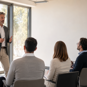 Un docente presenta la gestione dei flussi finanziari a una platea di professionisti finance durante una Finestra di Finanza di AmniOs