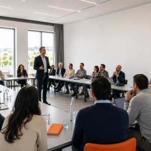Un docente conduce un'aula di professionisti finance sulla valutazione degli investimenti durante una Finestra di Finanza di AmniOs