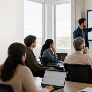 Un docente mostra un flusso di automazione AI a un gruppo durante il corso Marketing nell'era post-Google di AmniOs