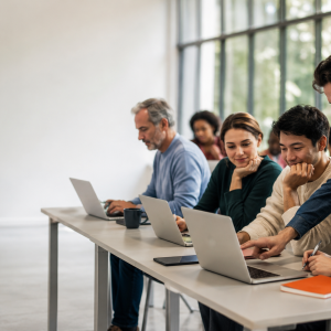 Partecipanti al laptop seguono un laboratorio sul prompt design durante il corso Marketing nell'era post-Google di AmniOs