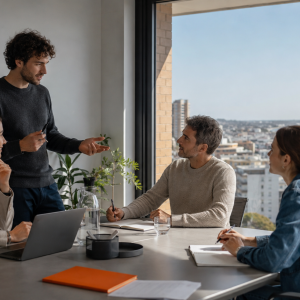 Un team conduce una riunione efficace con agenda durante il corso di comunicazione interna di AmniOs, a Rimini