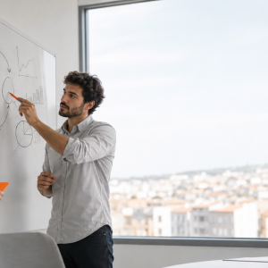 Due colleghi mappano un ciclo di miglioramento continuo PDCA alla lavagna durante il corso qualità di AmniOs