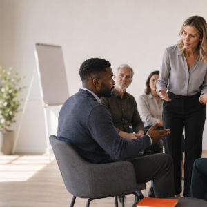 Una formatrice facilita una conversazione costruttiva tra due professionisti durante il corso di gestione dei conflitti di AmniOs