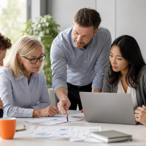 Manager di funzioni diverse lavorano insieme sui numeri aziendali con il docente durante il percorso Finance per Manager di AmniOs