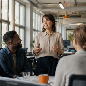 Una leader guida il proprio team in un momento di confronto sul lavoro, percorso completo The Human Leader Path di AmniOs