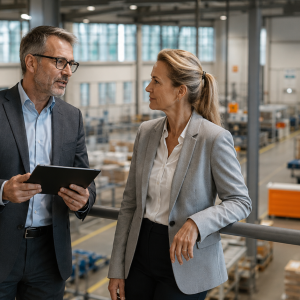 Direttore e responsabile operations osservano i flussi logistici dello stabilimento, modulo Operations e Supply Chain dell'Industrial Management Executive di AmniOs