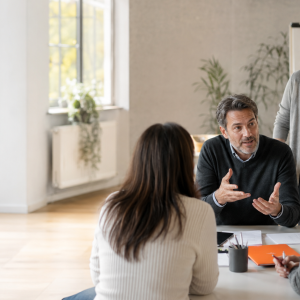 Una formatrice guida un manager mentre dà un feedback al team durante il corso di leadership di AmniOs