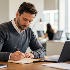 Un manager pianifica il proprio lavoro con metodo in un momento di concentrazione, percorso completo Manager by Design di AmniOs