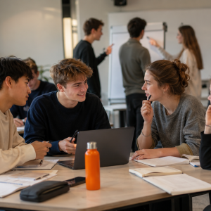 Studenti lavorano in squadra a una simulazione d'impresa in aula, programma Vivere l'azienda di AmniOs