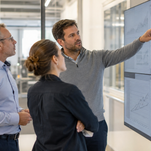 Formatore specialista e middle manager analizzano dashboard di KPI e dati di produzione durante un percorso Specialist Programs di AmniOs